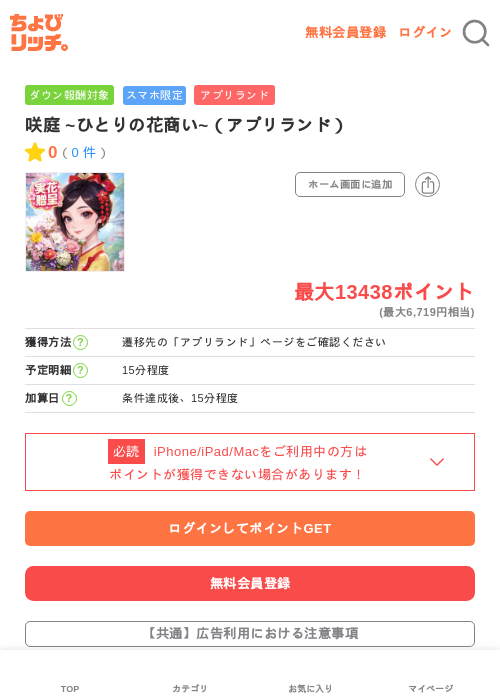 咲庭 ~ひとりの花商い~（アプリランド）の掲載記録画像（ちょびリッチ・2026年6月16日）