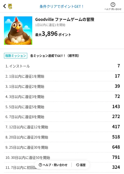 Goodville ファームゲームの冒険の掲載記録画像（GMOポイ活（AppDriver）・2026年6月18日）