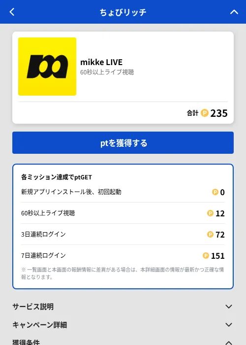 mikke LIVEの掲載記録画像（ちょびリッチ（GF Rewards）・2026年6月23日）