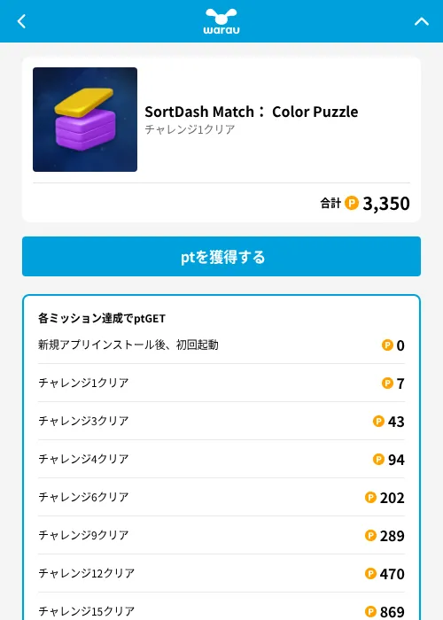 SortDash Match： Color Puzzleの掲載記録画像（ワラウ（GF Rewards）・2026年6月25日）