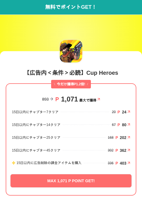 【広告内＜条件＞必読】Cup Heroesの掲載記録画像（モッピー（SKYFLAG）・2026年7月1日）