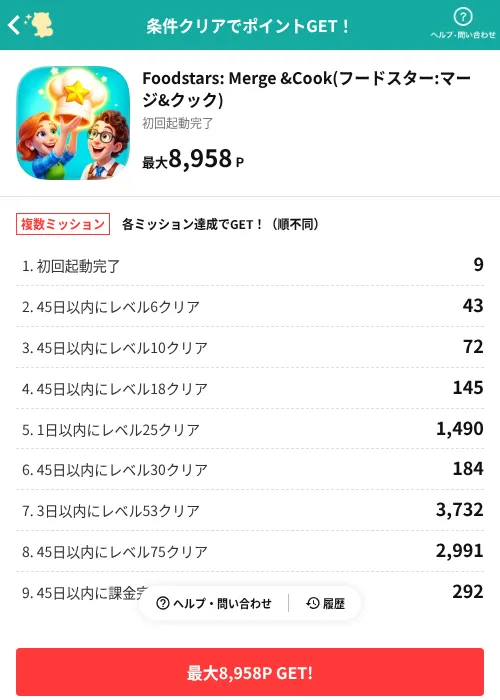 Foodstars: Merge &Cook(フードスター:マージ&クック)の掲載記録画像（モッピー（AppDriver）・2026年6月29日）