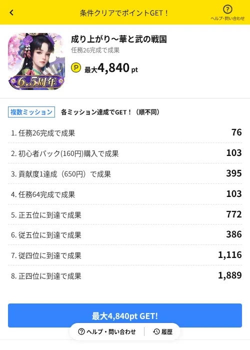 成り上がり～華と武の戦国の掲載記録画像（ハピタス（AppDriver）・2026年6月29日）