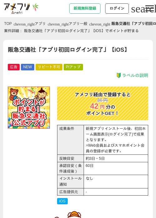 阪急交通社「アプリ初回ログイン完了」【iOS】の掲載記録画像（アメフリ・2026年7月1日）