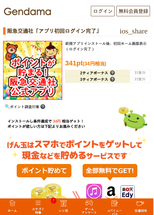  阪急交通社「アプリ初回ログイン完了」の掲載記録画像（げん玉・2026年7月1日）