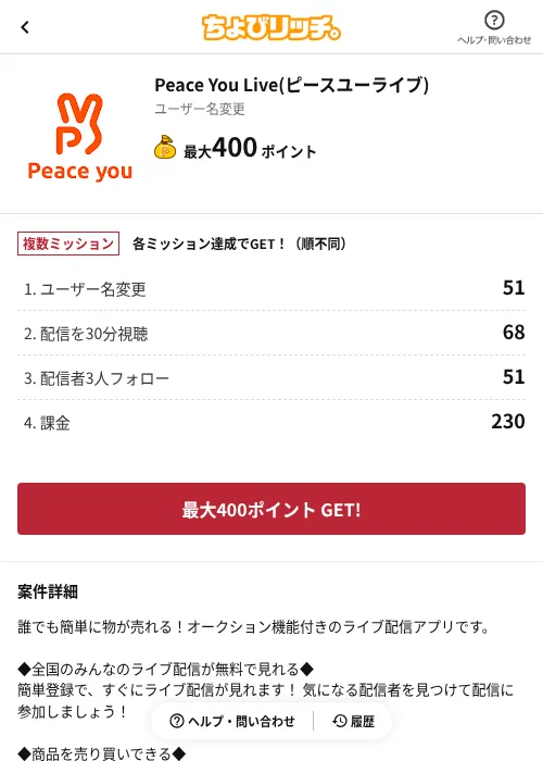 Peace You Live(ピースユーライブ)の掲載記録画像(ちょびリッチ(AppDriver)・2026年7月1日)