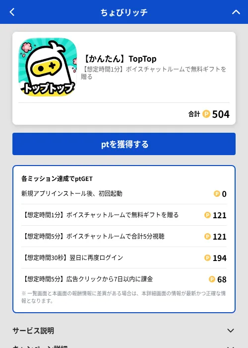 【かんたん】TopTopの掲載記録画像(ちょびリッチ(GF Rewards)・2026年7月2日)