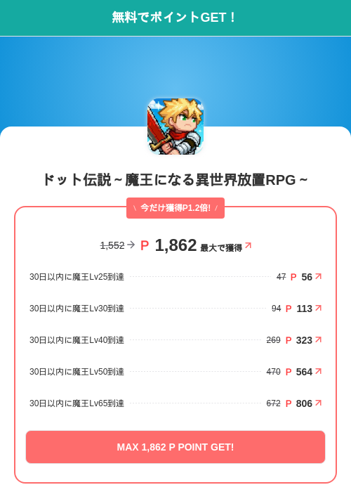 ドット伝説~魔王になる異世界放置RPG~の掲載記録画像(モッピー(SKYFLAG)・2026年7月3日)