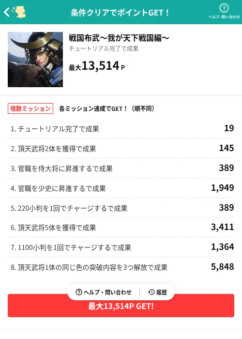 戦国布武~我が天下戦国編~の掲載記録画像(モッピー(AppDriver)・2026年7月7日)