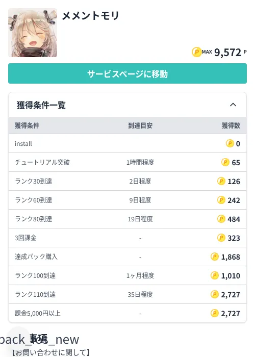 メメントモリの掲載記録画像（モッピー（Zucks）・2026年7月8日）