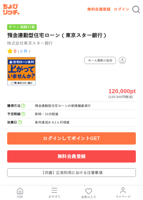 預金連動型住宅ローン(東京スター銀行)の掲載記録画像(ちょびリッチ・2026年7月9日)