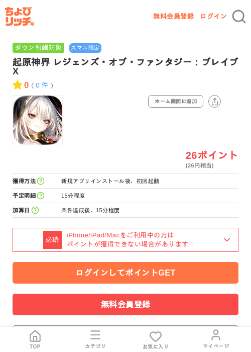 起原神界 レジェンズ・オブ・ファンタジー：ブレイブ Xの掲載記録画像（ちょびリッチ・2026年7月9日）