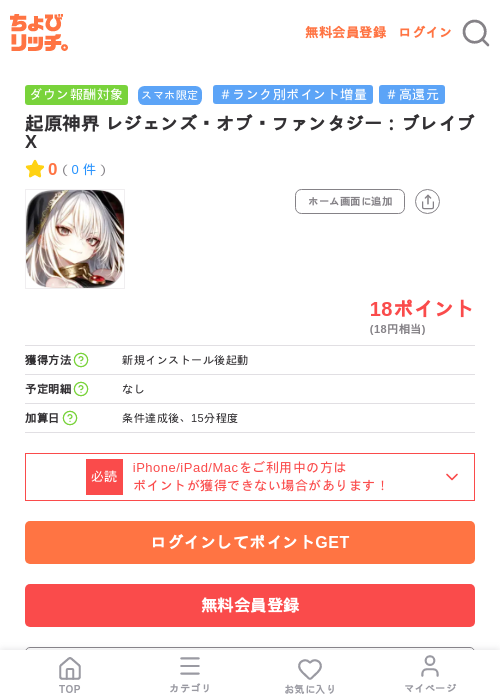 起原神界 レジェンズ・オブ・ファンタジー:ブレイブ Xの掲載記録画像(ちょびリッチ・2026年7月9日)