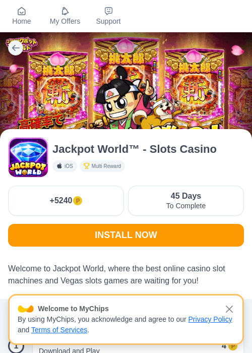 Jackpot World™ - Slots Casinoの掲載記録画像（モッピー（myChips）・2026年7月12日）
