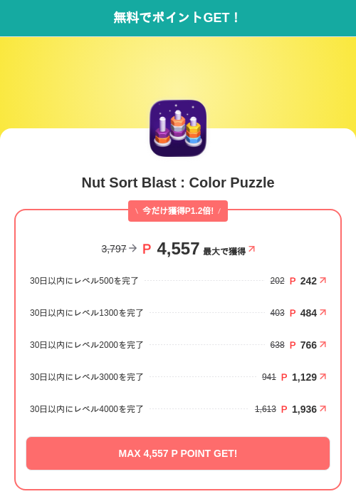Nut Sort Blast : Color Puzzleの掲載記録画像(モッピー(SKYFLAG)・2026年7月13日)