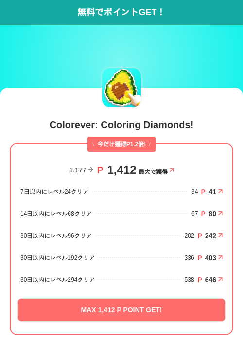 Colorever: Coloring Diamonds!の掲載記録画像（モッピー（SKYFLAG）・2026年7月14日）