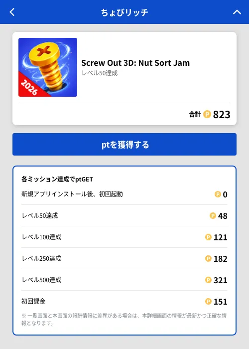 Screw Out 3D: Nut Sort Jamの掲載記録画像(ちょびリッチ(GF Rewards)・2026年7月14日)