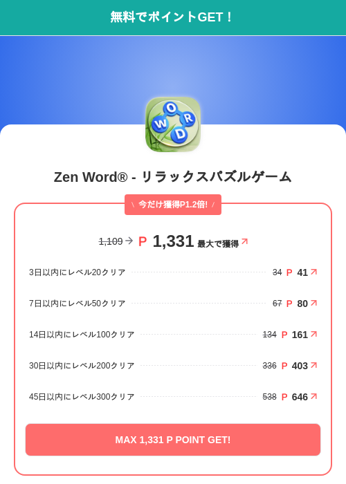 Zen Word® - リラックスパズルゲームの掲載記録画像(モッピー(SKYFLAG)・2026年7月15日)