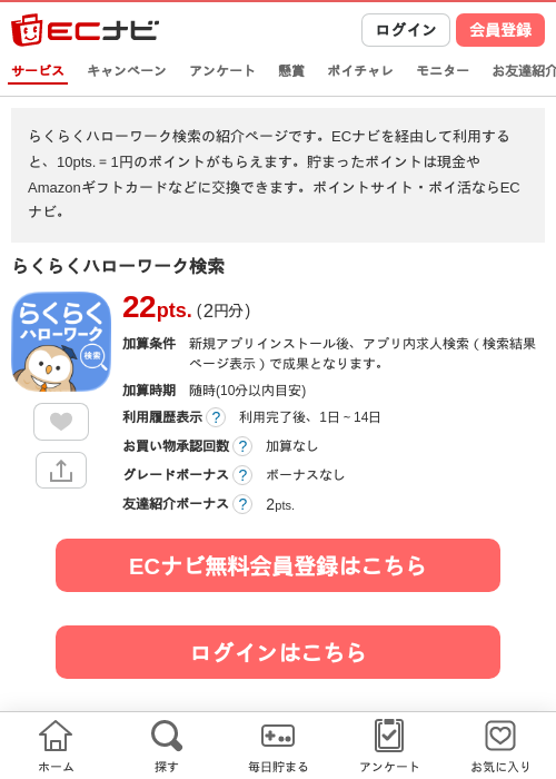 らくらくハローワーク検索の掲載記録画像（ECナビ・2026年7月15日）