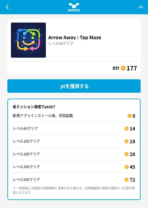Arrow Away : Tap Mazeの掲載記録画像(ワラウ(GF Rewards)・2026年7月16日)