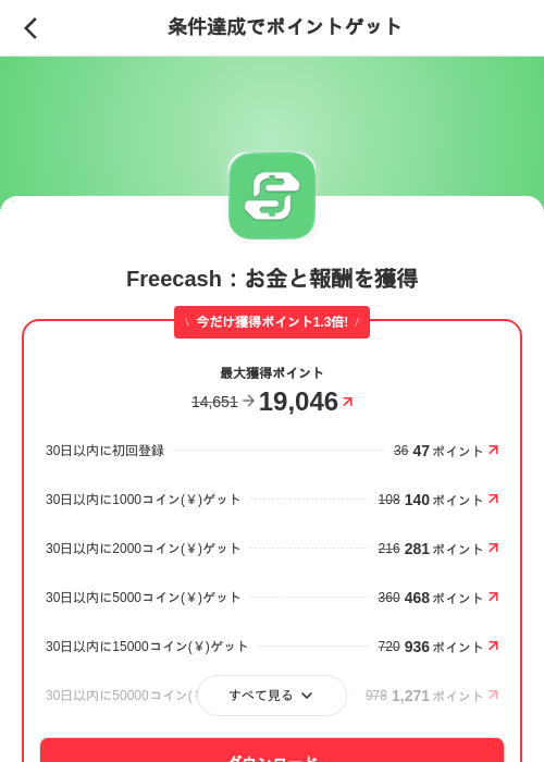 Freecash:お金と報酬を獲得の掲載記録画像(メルカリ(ポイントゲット)・2026年7月17日)