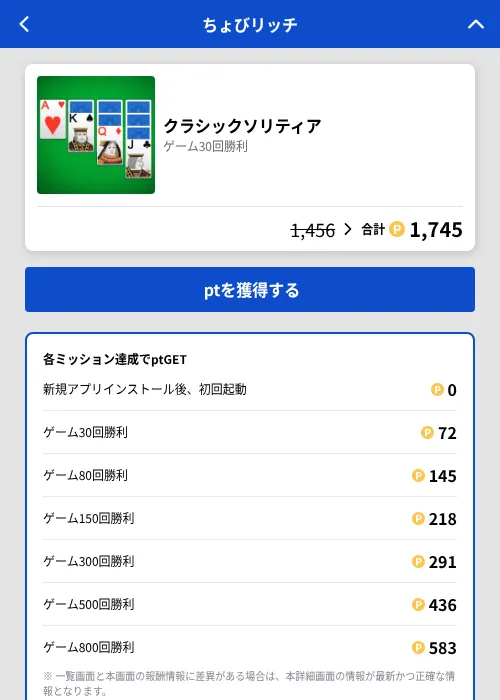 クラシックソリティアの掲載記録画像（ちょびリッチ（GF Rewards）・2026年7月17日）