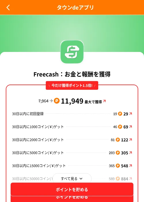 Freecash:お金と報酬を獲得の掲載記録画像(ポイントタウン(SKYFLAG)・2026年8月9日)