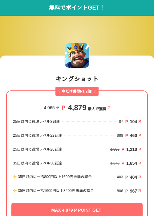 キングショットの掲載記録画像（モッピー（SKYFLAG）・2026年7月21日）