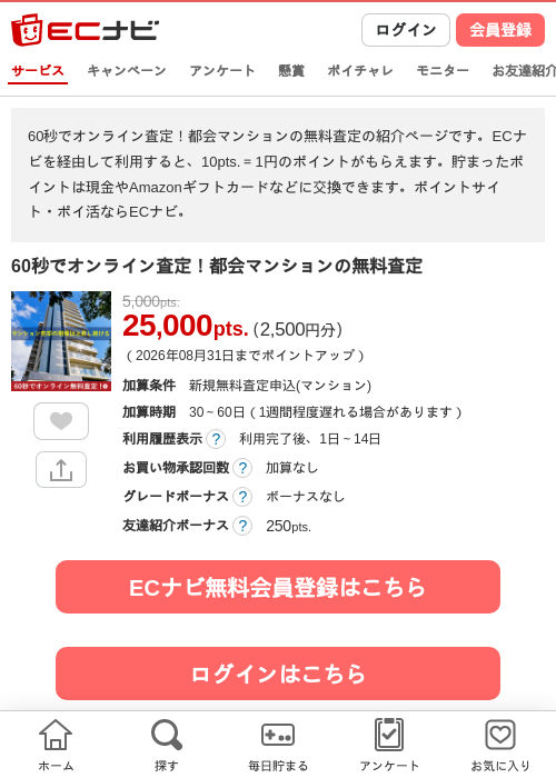 60秒でオンライン査定！都会マンションの無料査定の掲載記録画像（ECナビ・2026年7月26日）