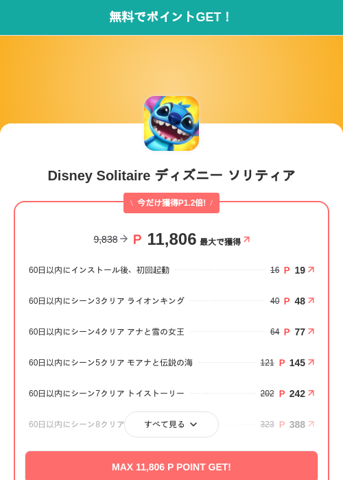 Disney Solitaire ディズニー ソリティアの掲載記録画像(モッピー(SKYFLAG)・2026年7月22日)
