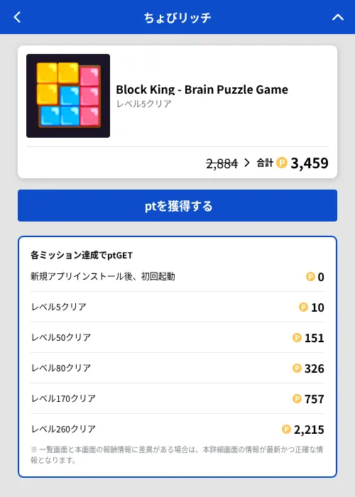 Block King - Brain Puzzle Gameの掲載記録画像（ちょびリッチ（GF Rewards）・2026年7月22日）