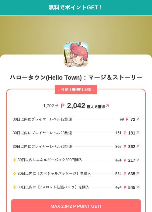 ハロータウン(Hello Town):マージ&ストーリーの掲載記録画像(モッピー(SKYFLAG)・2026年7月25日)