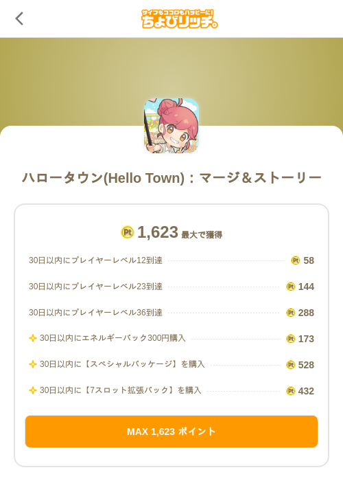 ハロータウン(Hello Town):マージ&ストーリーの掲載記録画像(ちょびリッチ(SKYFLAG)・2026年7月24日)