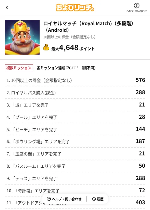 ロイヤルマッチ（Royal Match)（多段階）（Android）の掲載記録画像（ちょびリッチ（AppDriver）・2026年7月24日）