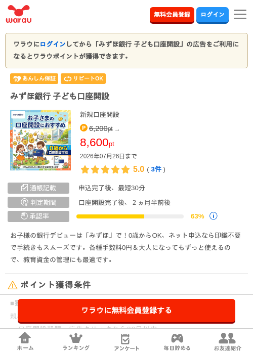 みずほ銀行 子ども口座開設の掲載記録画像（ワラウ・2026年7月25日）