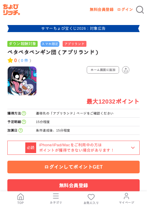 ペタペタペンギン団(アプリランド)の掲載記録画像(ちょびリッチ・2026年8月1日)