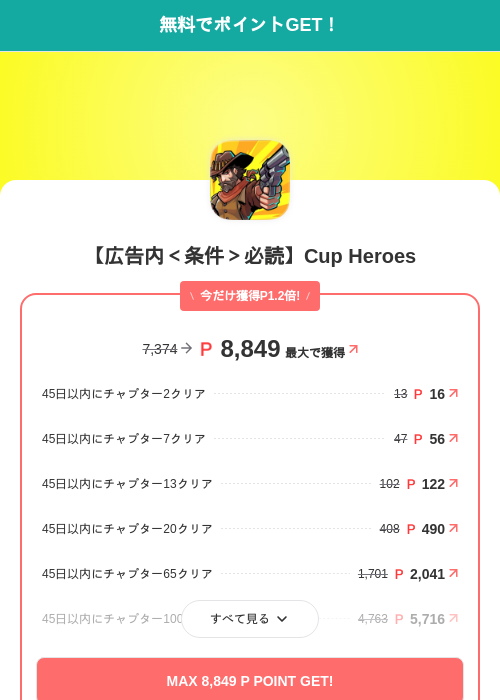 【広告内<条件>必読】Cup Heroesの掲載記録画像(モッピー(SKYFLAG)・2026年8月1日)