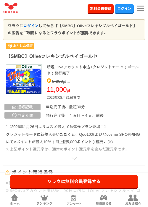 ※合計最大65,400円相当※【SMBC】Oliveフレキシブルペイ ゴールドの掲載記録画像（ワラウ・2026年8月1日）