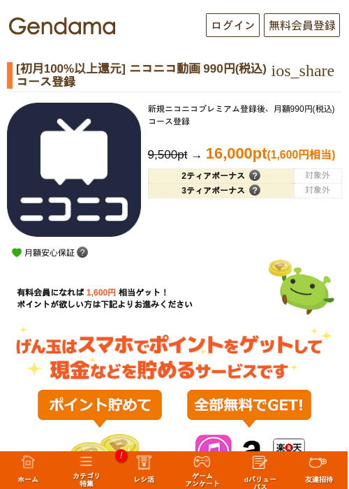 [初月100%以上還元] ニコニコ動画 990円(税込)コース登録の掲載記録画像（げん玉・2026年8月1日）