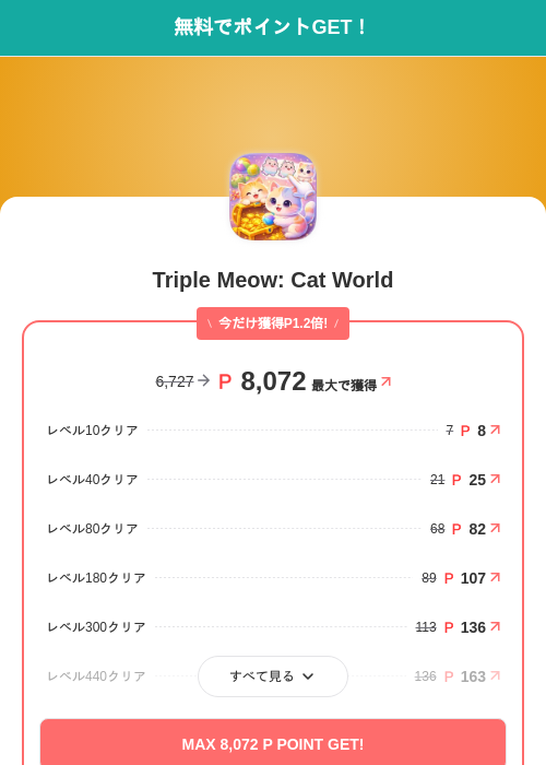 Triple Meow: Cat Worldの掲載記録画像（モッピー（SKYFLAG）・2026年8月3日）