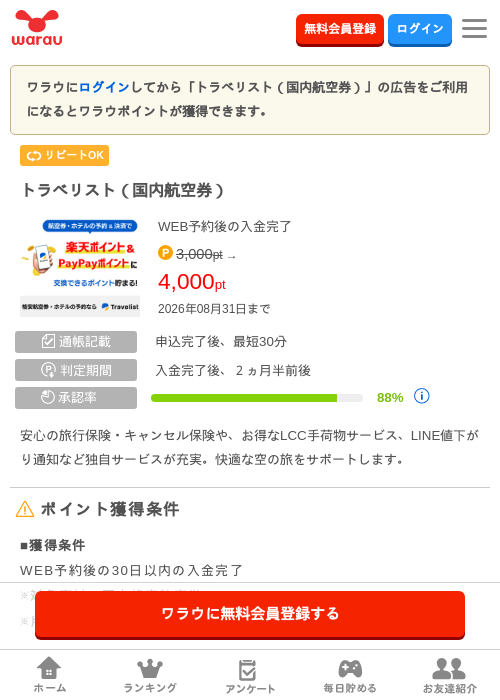 トラベリスト（国内航空券）の掲載記録画像（ワラウ・2026年8月4日）