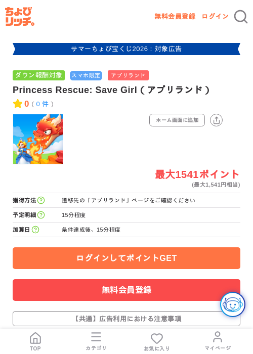 Princess Rescue: Save Girl（アプリランド）の掲載記録画像（ちょびリッチ・2026年8月4日）