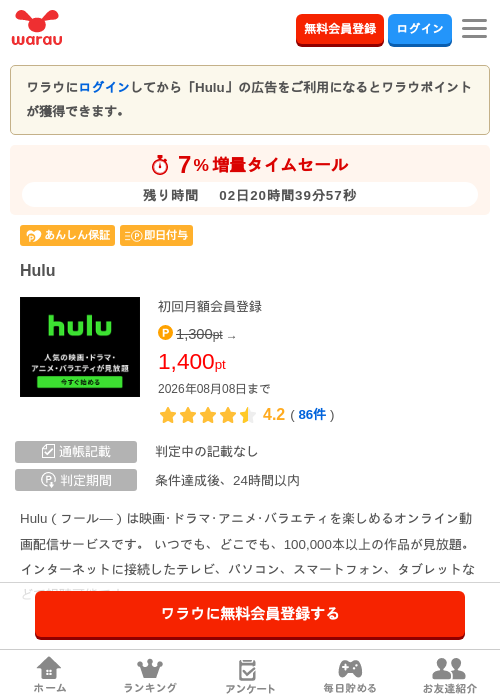 Huluの掲載記録画像（ワラウ・2026年8月6日）