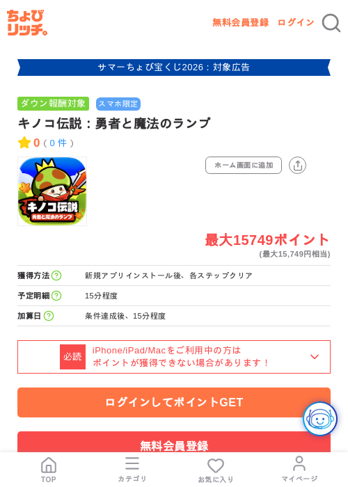 キノコ伝説:勇者と魔法のランプの掲載記録画像(ちょびリッチ・2026年8月7日)