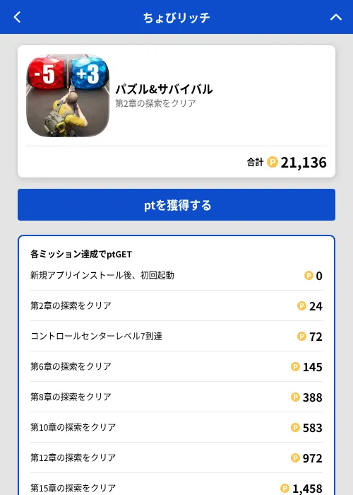 パズル&サバイバルの掲載記録画像（ちょびリッチ（GF Rewards）・2026年8月7日）