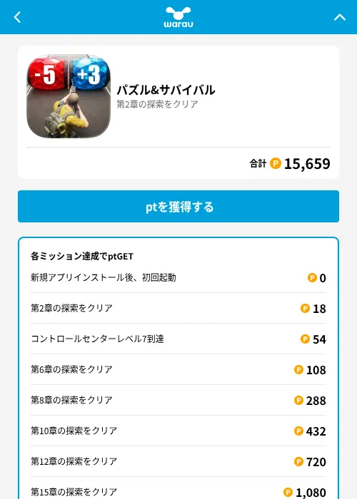 パズル&サバイバルの掲載記録画像（ワラウ（GF Rewards）・2026年8月7日）