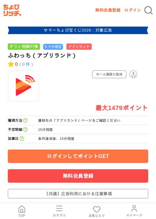 ふわっち（アプリランド）の掲載記録画像（ちょびリッチ・2026年8月11日）