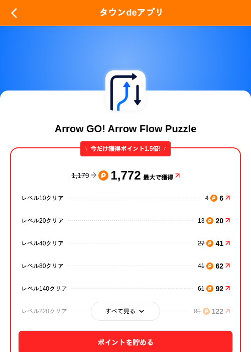 Arrow GO! Arrow Flow Puzzleの掲載記録画像(ポイントタウン(SKYFLAG)・2026年8月11日)
