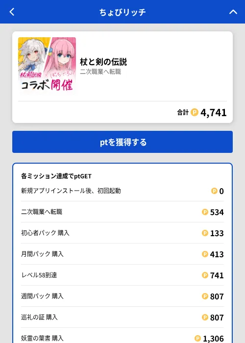 杖と剣の伝説の掲載記録画像（ちょびリッチ（GF Rewards）・2026年8月12日）