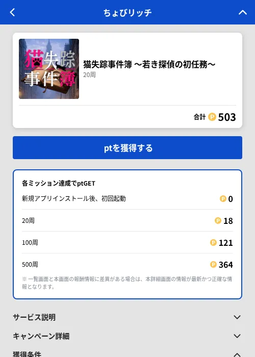 猫失踪事件簿 ~若き探偵の初任務~の掲載記録画像(ちょびリッチ(GF Rewards)・2026年8月12日)